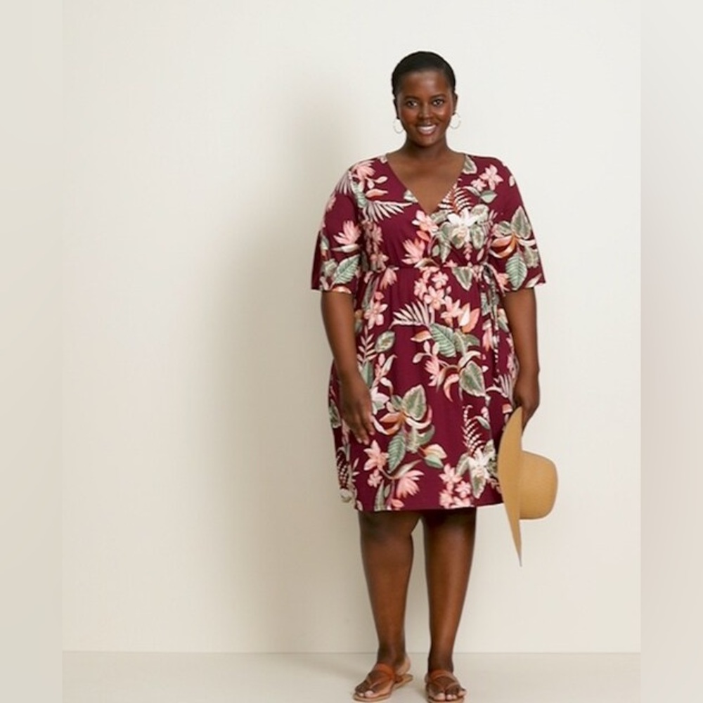Old Navy Plus Faux Wrap Jersey Dress Tropical Floral Burgundy Pink Size 2X NWT